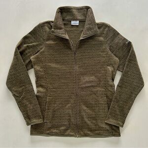 Columbia Olive Green Ribbed Full Zip Fleece Jacket Heathered Size S Spring Layer